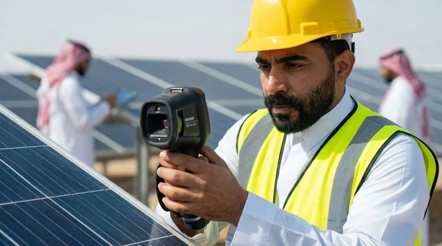 مهندس عربي يفحص ألواح الطاقة الشمسية بكاميرا حرارية