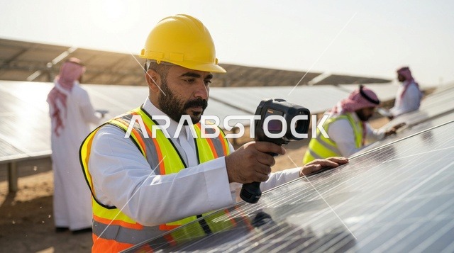 Saudi Engineer Inspecting Solar Panels in Daylight