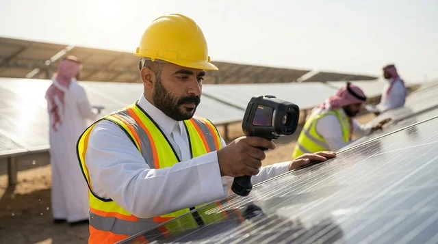 مهندس سعودي يفحص ألواح الطاقة الشمسية بالنهار