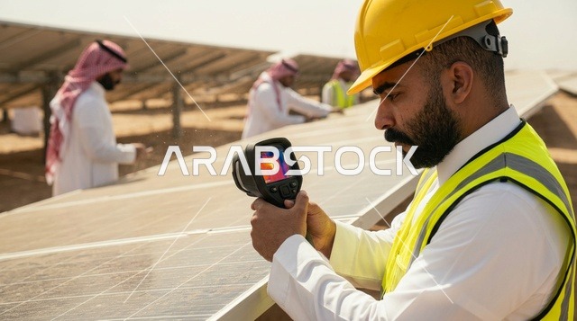 Saudi Engineer Inspecting Solar Panels with Thermal Camera