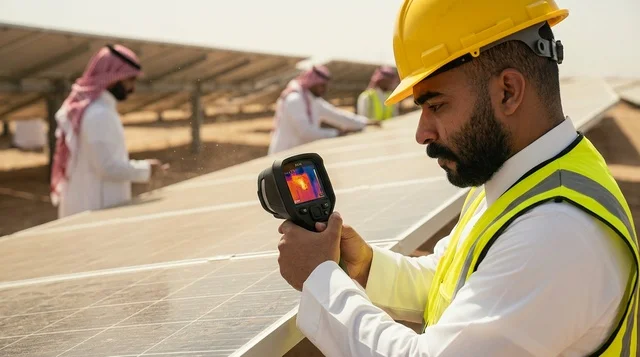 مهندس سعودي يفحص ألواح الطاقة الشمسية بكاميرا حرارية