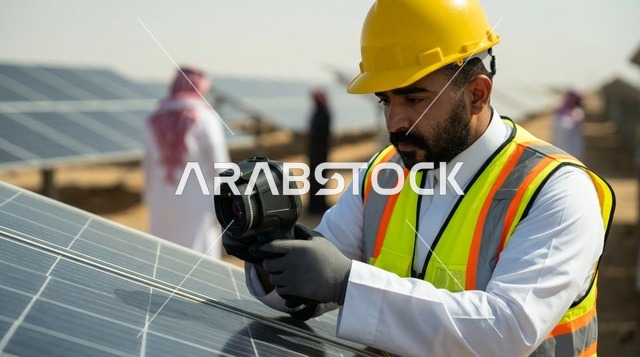 مهندس سعودي يفحص ألواح الطاقة الشمسية بكاميرا حرارية