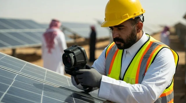 مهندس سعودي يفحص ألواح الطاقة الشمسية بكاميرا حرارية