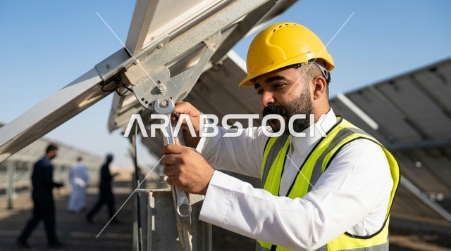 مهندس سعودي يثبت ألواح الطاقة الشمسية في النهار