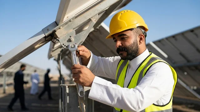 مهندس سعودي يثبت ألواح الطاقة الشمسية في النهار