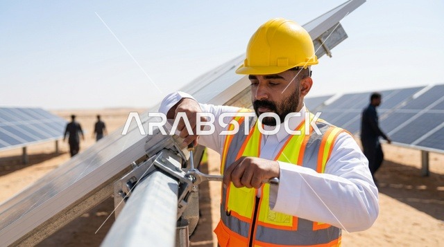 مهندس سعودي يقوم بتركيب ألواح الطاقة الشمسية بالصحراء
