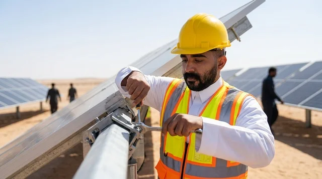 مهندس سعودي يقوم بتركيب ألواح الطاقة الشمسية بالصحراء