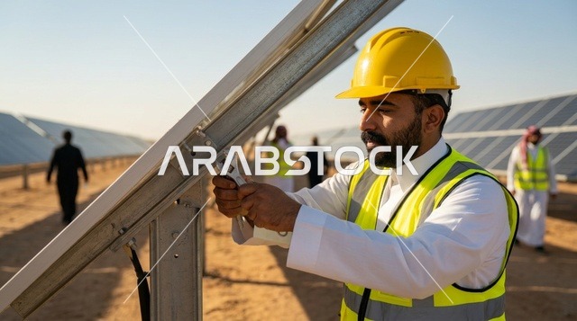 Arab Engineer Installing Solar Panels on Desert Farm