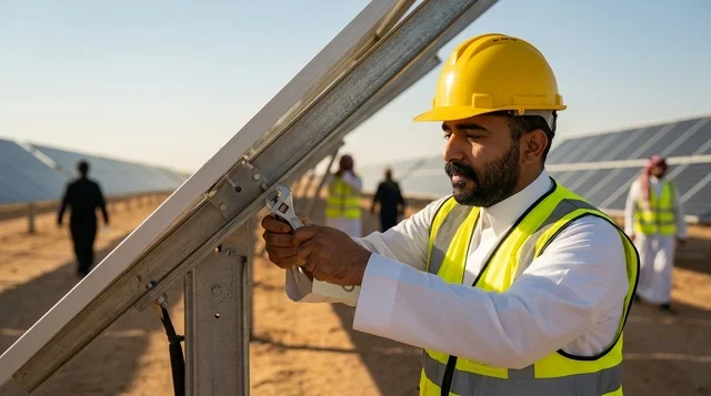مهندس سعودي يركب ألواح الطاقة الشمسية في الصحراء