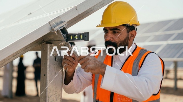 مهندس سعودي يثبت ألواح الطاقة الشمسية في المحطة