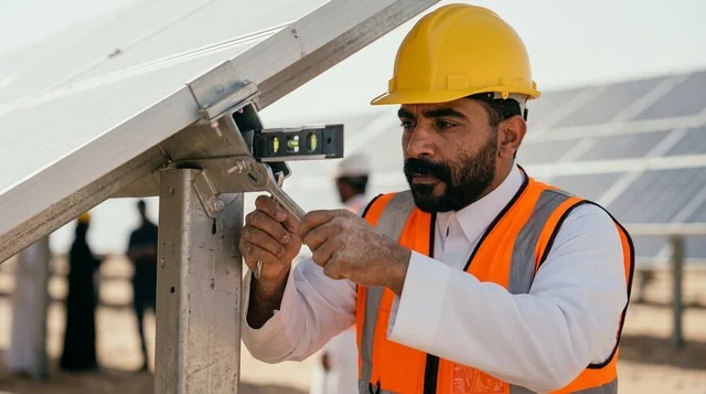 مهندس سعودي يثبت ألواح الطاقة الشمسية في المحطة