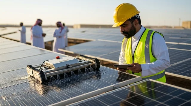 مهندس سعودي يراقب روبوت تنظيف الألواح الشمسية