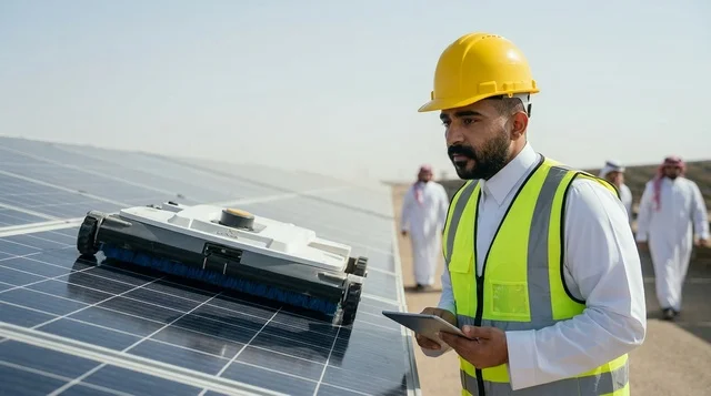 Arab Engineer Monitoring Solar Panel Cleaning Robot