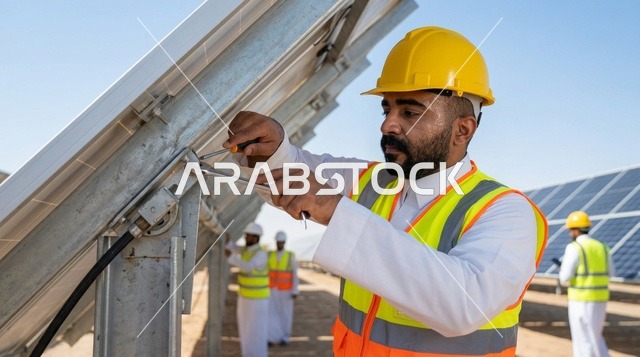 مهندس عربي سعودي يقوم بصيانة ألواح الطاقة الشمسية