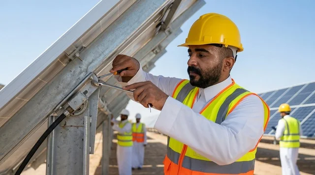 مهندس عربي سعودي يقوم بصيانة ألواح الطاقة الشمسية