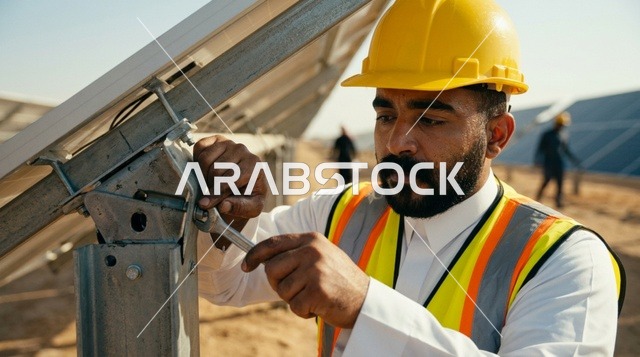 مهندس عربي يقوم بصيانة ألواح الطاقة الشمسية بالصحراء