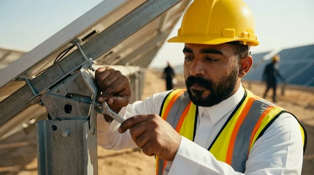 مهندس عربي يقوم بصيانة ألواح الطاقة الشمسية بالصحراء