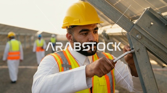 Arab Engineer Maintaining Solar Panel Outdoor