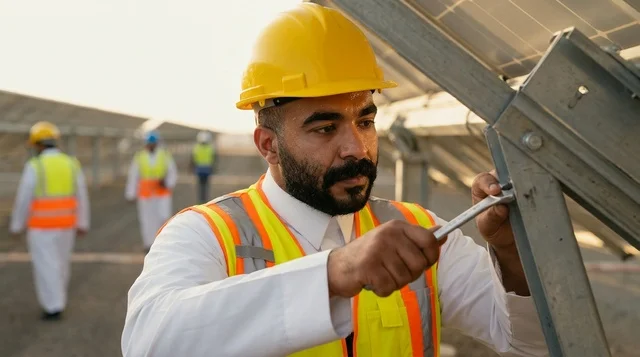 Arab Engineer Maintaining Solar Panel Outdoor