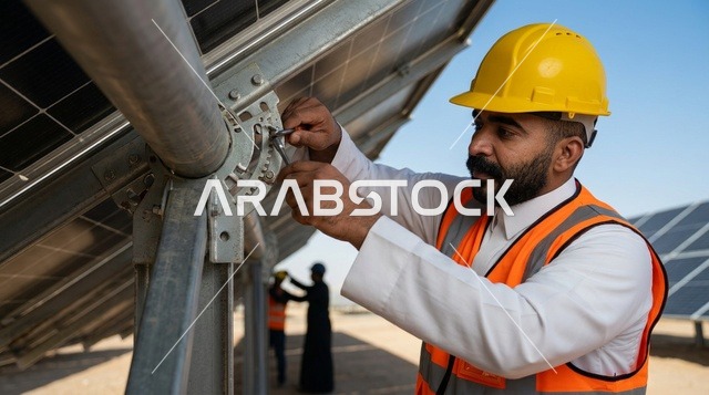 Arab Engineer Installing Solar Panels in Solar Farm