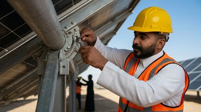 Arab Engineer Installing Solar Panels in Solar Farm