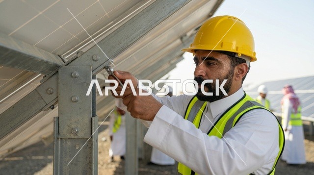 مهندس عربي يثبت ألواح الطاقة الشمسية في السعودية