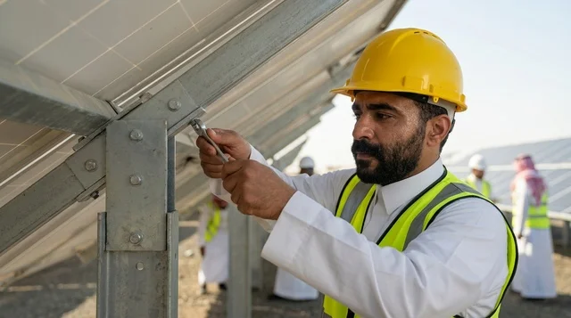 مهندس عربي يثبت ألواح الطاقة الشمسية في السعودية