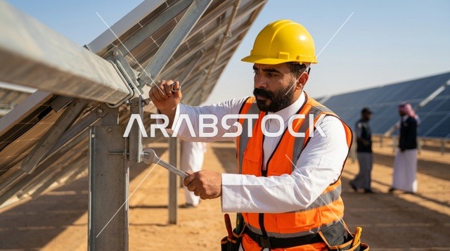 مهندس سعودي يعمل على صيانة ألواح الطاقة الشمسية