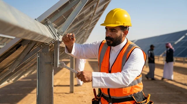 مهندس سعودي يعمل على صيانة ألواح الطاقة الشمسية