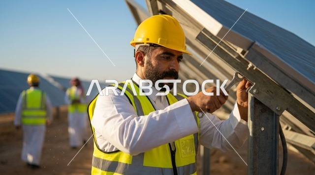 مهندس سعودي يقوم بصيانة ألواح الطاقة الشمسية في الموقع
