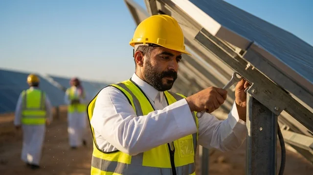 مهندس سعودي يقوم بصيانة ألواح الطاقة الشمسية في الموقع