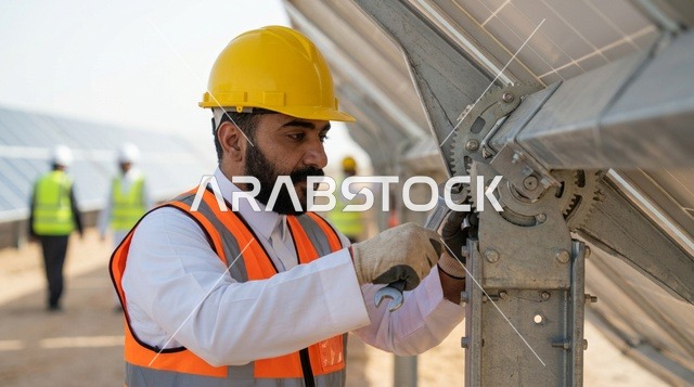 مهندس عربي يقوم بصيانة الواح الطاقة الشمسية