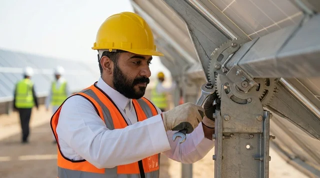 Arab Engineer Maintaining Solar Panels with Wrench