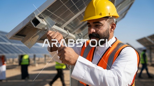 Saudi Engineer Maintaining Solar Panels Farm Outdoors