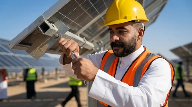 Saudi Engineer Maintaining Solar Panels Farm Outdoors
