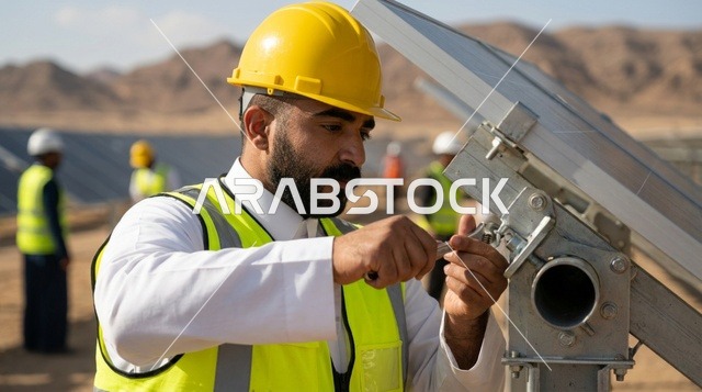 مهندس عربي يثبت ألواح الطاقة الشمسية في الصحراء