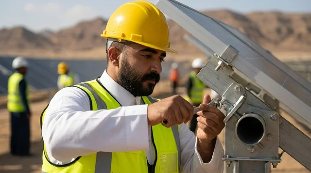 مهندس عربي يثبت ألواح الطاقة الشمسية في الصحراء