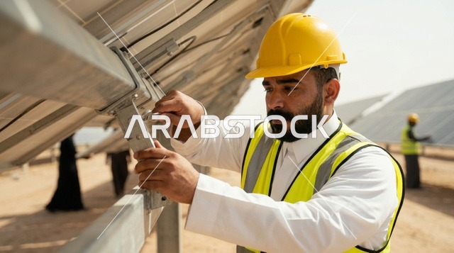 Arab Engineer Installing Solar Panels at Energy Farm