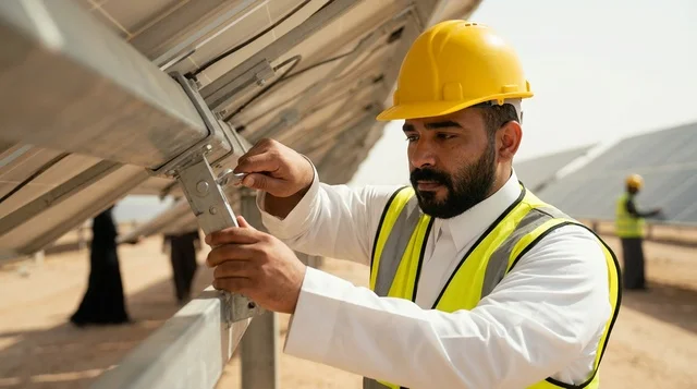 Arab Engineer Installing Solar Panels at Energy Farm