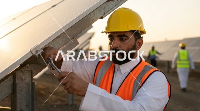 Arab Engineer Installing Solar Panels on Saudi Solar Farm