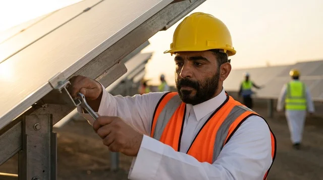 Arab Engineer Installing Solar Panels on Saudi Solar Farm