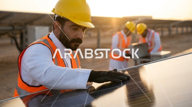 مهندس سعودي يفحص ألواح الطاقة الشمسية عند الغروب