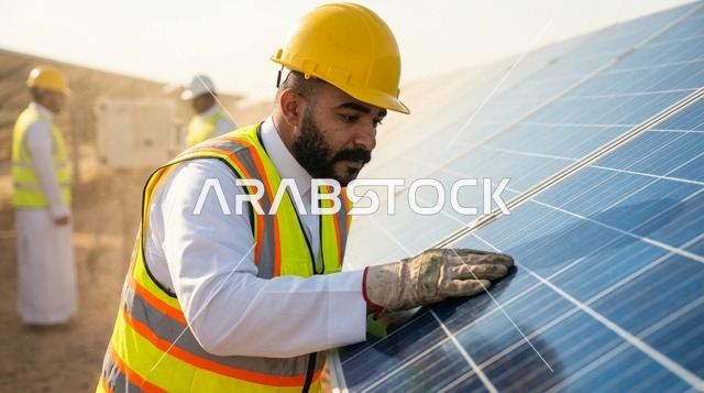 مهندس عربي يفحص ألواح الطاقة الشمسية في محطة الطاقة
