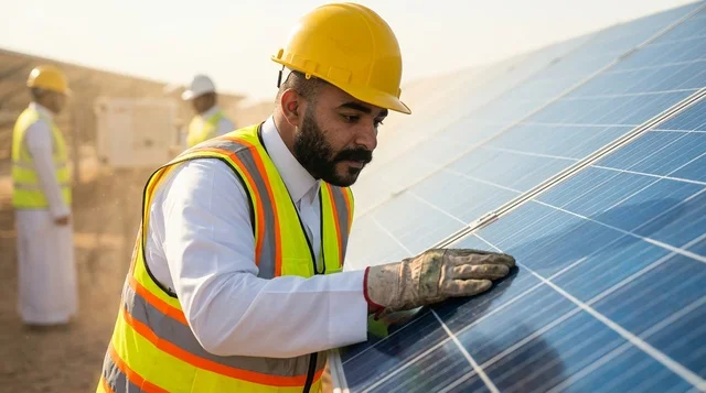 مهندس عربي يفحص ألواح الطاقة الشمسية في محطة الطاقة