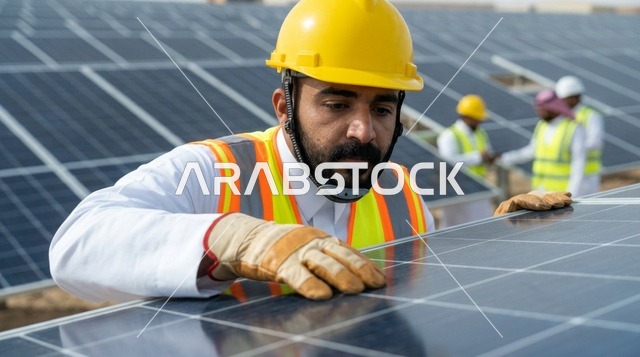 Saudi Engineer Inspecting Solar Panels at Power Plant
