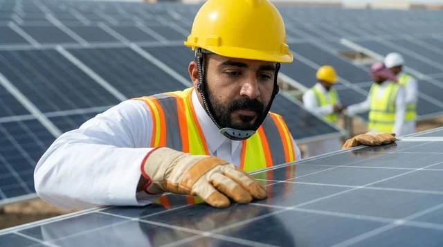 Saudi Engineer Inspecting Solar Panels at Power Plant