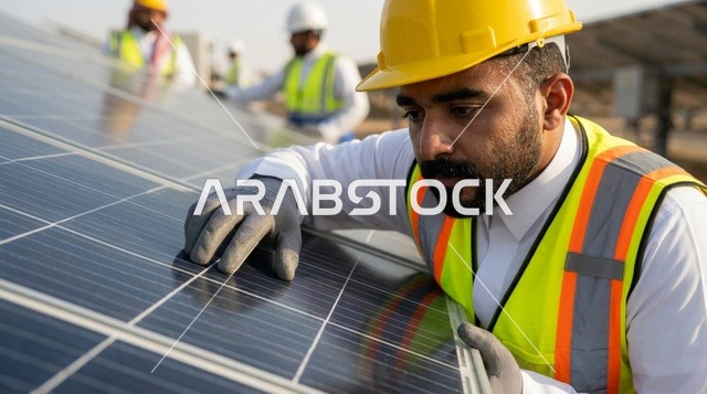 مهندس سعودي يفحص ألواح الطاقة الشمسية المتجددة