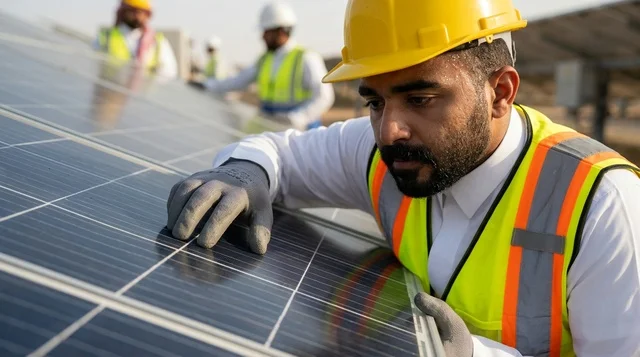 مهندس سعودي يفحص ألواح الطاقة الشمسية المتجددة