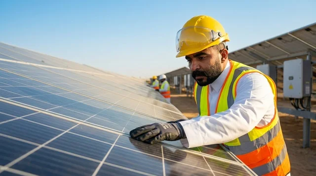 مهندس عربي يفحص ألواح الطاقة الشمسية في محطة توليد