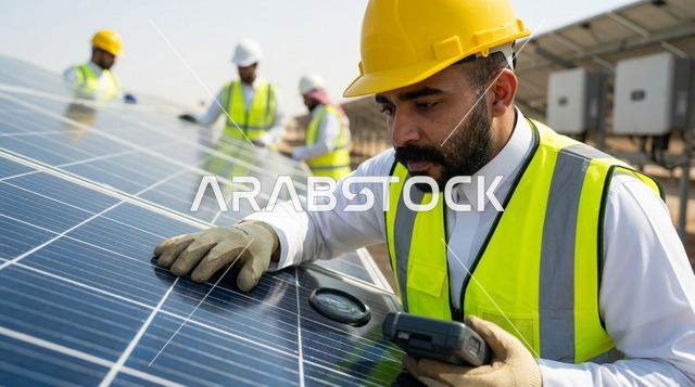 مهندس عربي يفحص ألواح الطاقة الشمسية في محطة طاقة